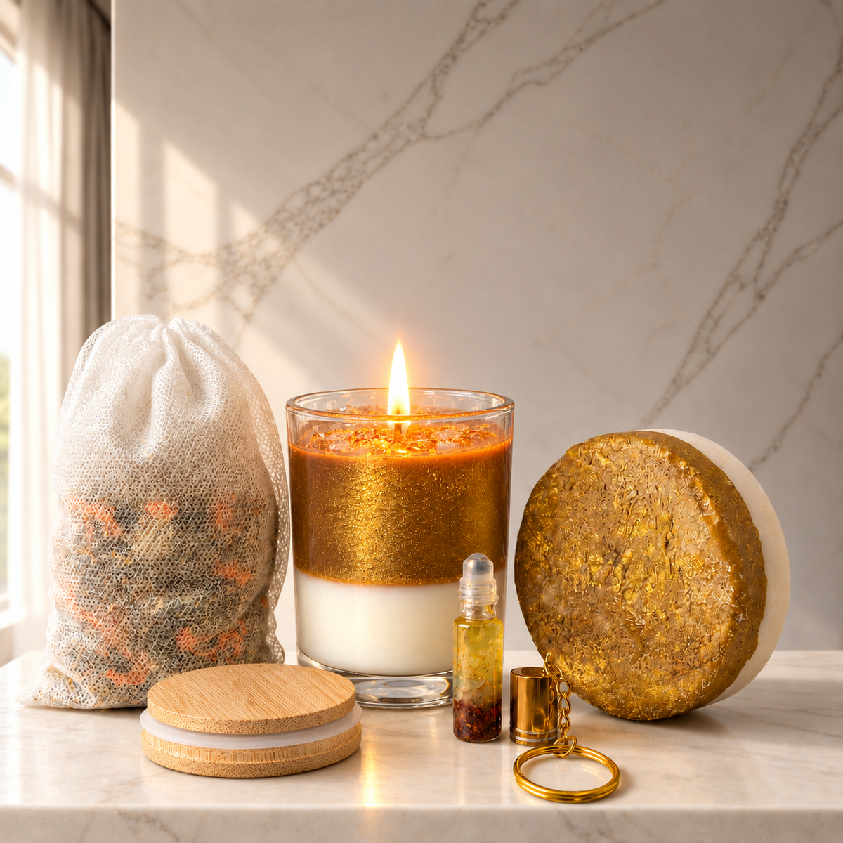Abundance Ultimate Ritual | Money Soap, Candle, Bath Bag & Keychain Set